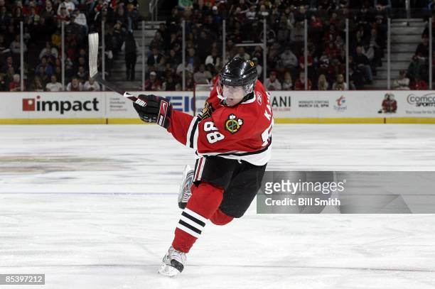 Patrick Kane of the Chicago Blackhawks shoots the puck during a game against the Colorado Avalanche on March 8, 2009 at the United Center in Chicago,...