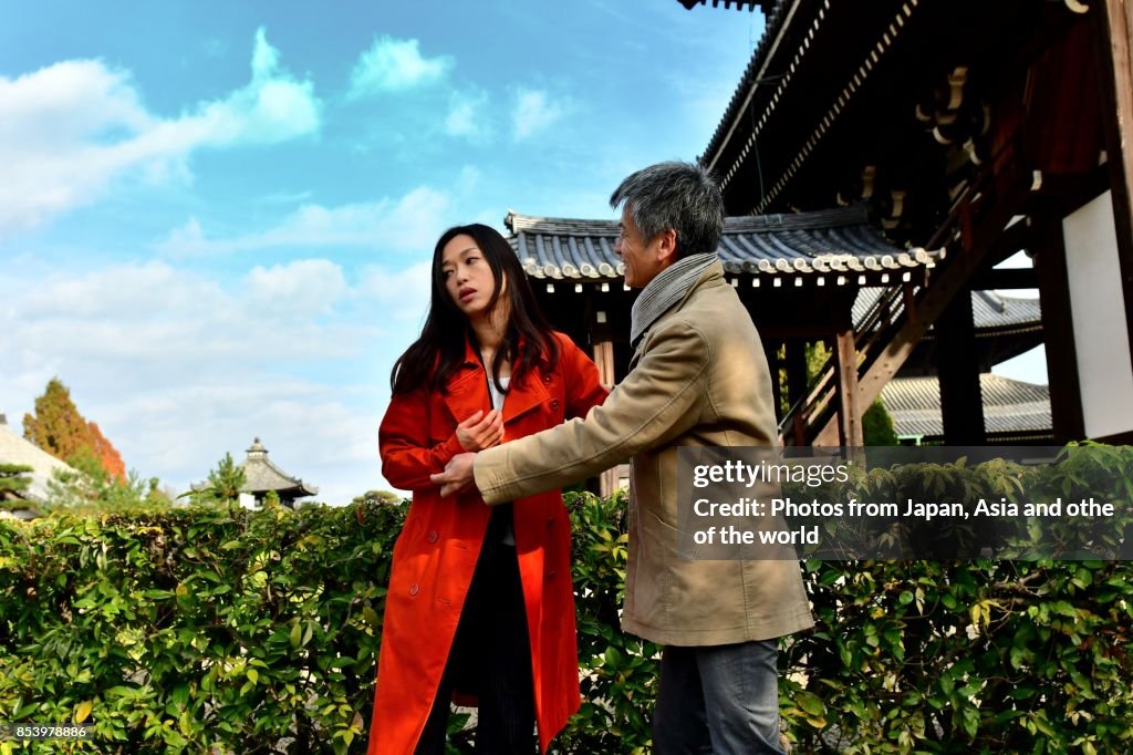 Japanese Couple in Their 40's Arguing at Tofuku-ji Temple, Kyoto