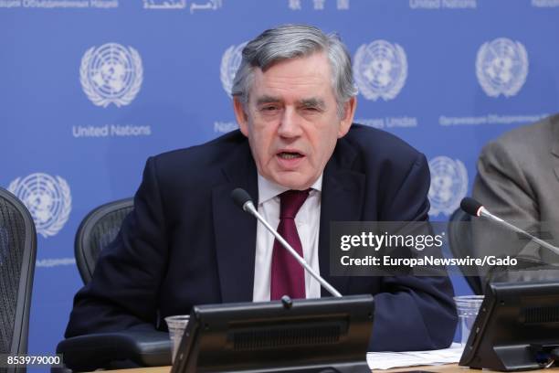 Waist up portrait of Gordon Brown, UN Special Envoy for Global Education, during a press conference at the United Nations in New York City, New Yor,...