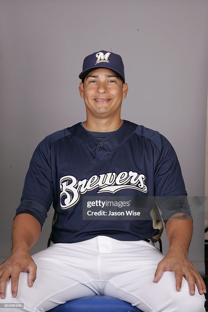 Mike Riva Mike Rivera of the Milwaukee Brewers poses during Photo Day on... News ...