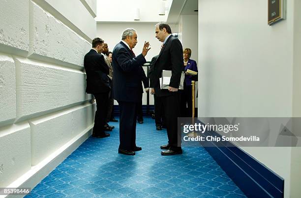 House Ways and Means Committee Chairman U.S. Rep. Charlie Rangel talks with White House Senior Advisor David Axelrod outside of a Democratic caucus...