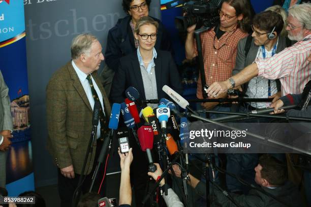 Alexander Gauland and Alice Weidel, who will lead the new Bundestag faction of the right-wing Alternative for Germany , speak to the media before...