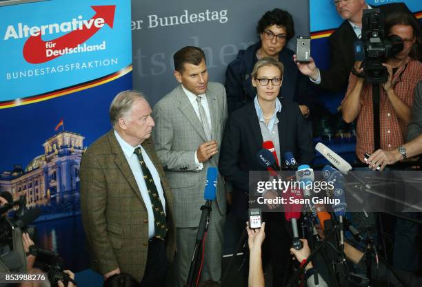 Alexander Gauland and Alice Weidel, who will lead the new Bundestag faction of the right-wing Alternative for Germany , speak to the media before...