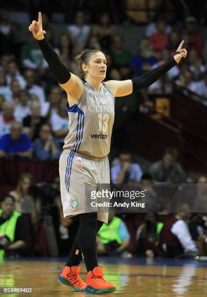 Lindsay Whalen of the Minnesota Lynx calls signals against the Los Angeles Sparks during the fourth quarter of Game One of the WNBA finals at...
