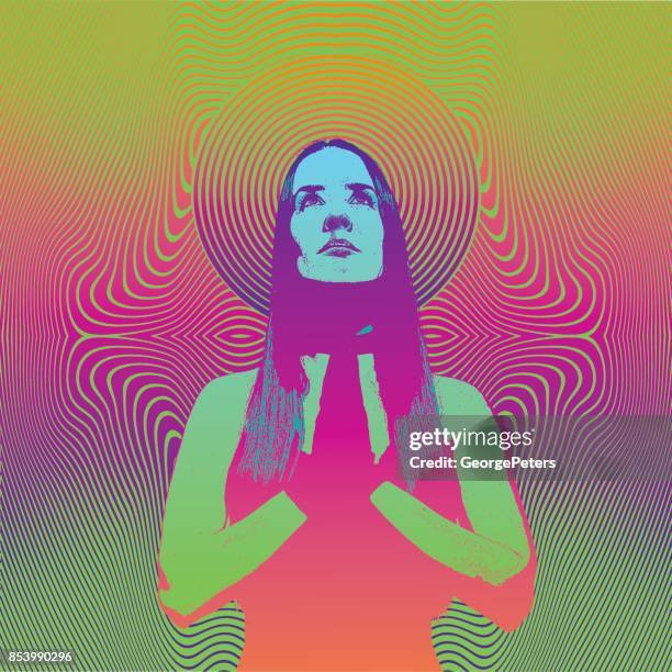 stockillustraties, clipart, cartoons en iconen met gravure van een jonge vrouw te bidden en mediteren met psychedelische half tone patroon achtergrond - hippies 1960s