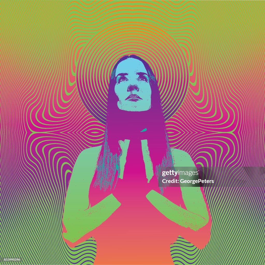 Engraving of a Young woman praying and meditating with psychedelic half tone pattern background