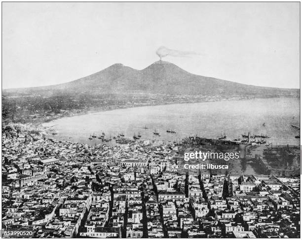 antique photograph of world's famous sites: bay of naples, italy - mt vesuvius stock illustrations