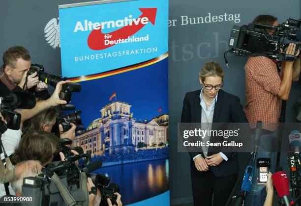 Alice Weidel, who along with Alexander Gauland will lead the new Bundestag faction of the right-wing Alternative for Germany , arrives to speak to...