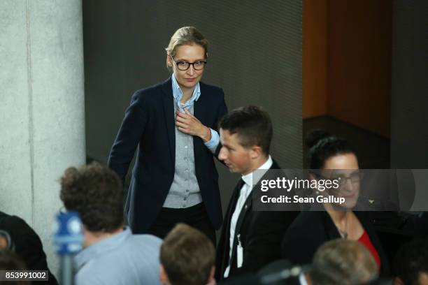 Alice Weidel, who along with Alexander Gauland will lead the new Bundestag faction of the right-wing Alternative for Germany , arrives to speak to...