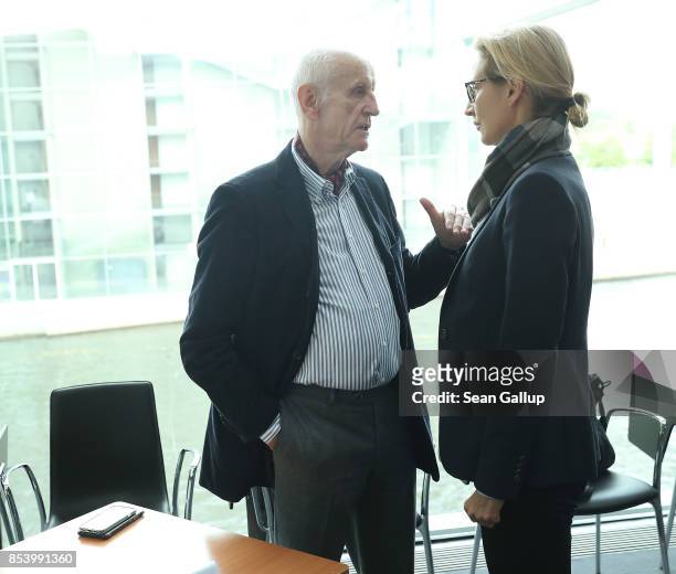 Alice Weidel, who along with Alexander Gauland will lead the new Bundestag faction of the right-wing Alternative for Germany , speaks with fellow AfD...
