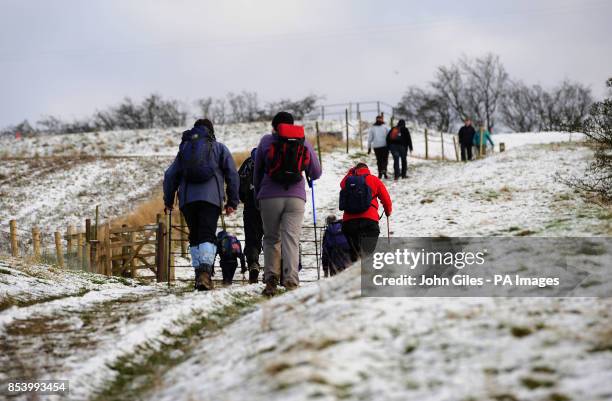 Snow on the high ground of the Yorkshire Wolds at Millington Pastures, near Pocklington, gives walkers a taste of the winter weather and snow that is...