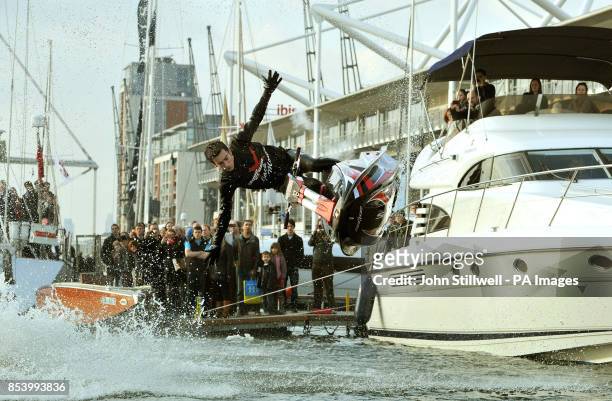 Jack Moule aged 18, the British national free style Jetski Champion at both amateur and professional level, entertains the crowds with his tricks at...