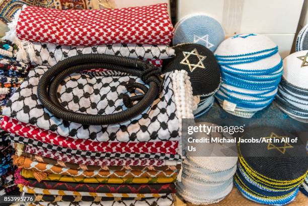 Kippa and keffiyeh for sale in the old city - february 27th 2017l, Jerusalem, Israel