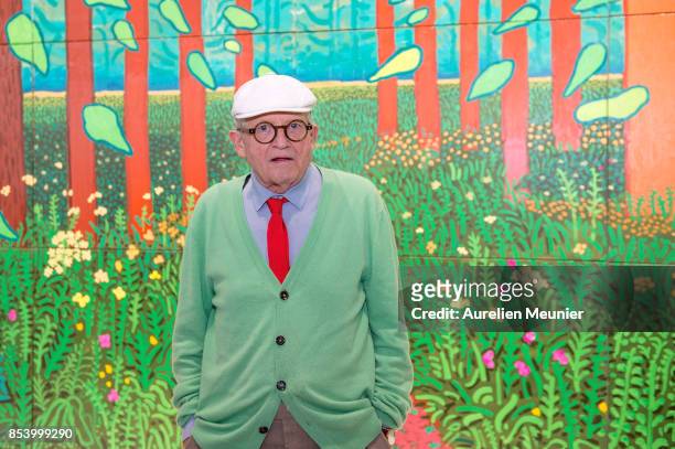 David Hockney poses in front of his painting "The Arrival Of Spring in Woldgate, East Yorkshire in 2011" which he offered to the museum at Centre...