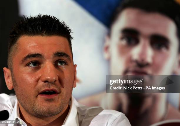 Nathan Cleverly speaks to media during a press conference at the Landmark Hotel, London.