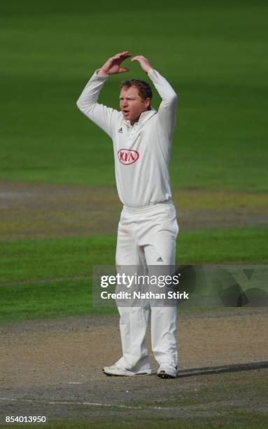 Gareth Batty of Surrey looks on during the County Championship Division One match between Lancashire and Surrey at Old Trafford on September 26, 2017...