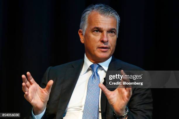 Sergio Ermotti, chief executive officer of UBS Group AG, gestures during a panel discussion at the Bloomberg European Banking Conference in Milan,...