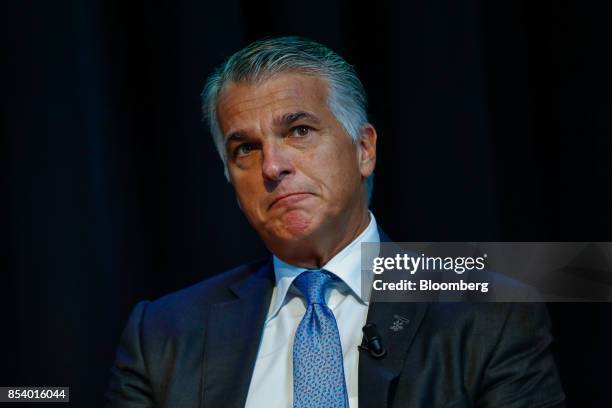 Sergio Ermotti, chief executive officer of UBS Group AG, reacts during a panel discussion at the Bloomberg European Banking Conference in Milan,...