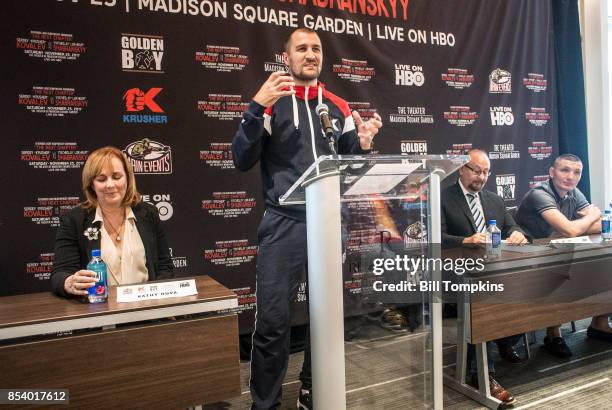 Sergey Kovalev addresses the media during the Kovalev vs Shabranskyy press Conference at the Renaissance New York Midtown Hotel September 21, 2017 in...