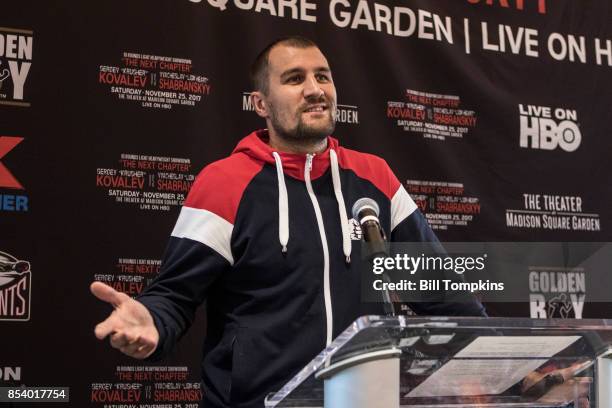 Sergey Kovalev addresses the media during the Kovalev vs Shabranskyy press Conference at the Renaissance New York Midtown Hotel September 21, 2017 in...