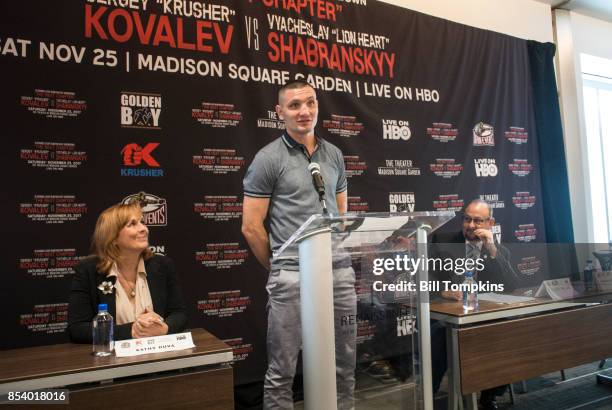 Vyacheslav Shabranskky addresses the media during the Kovalev vs Shabranskyy press Conference at the Renaissance New York Midtown Hotel September 21,...