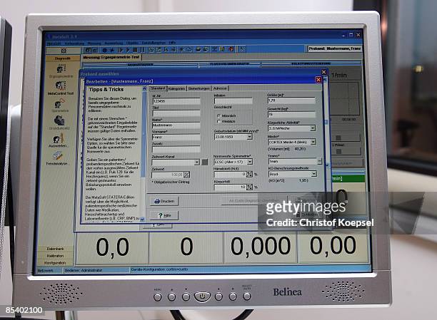 Computer monitors show results during a sports performance diagnostic of triathletes at the Medicos Auf Schalke rehabilitation, fitness and wellness...