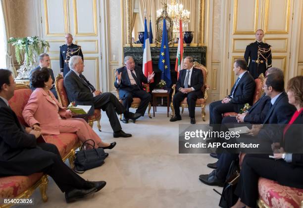 President of the French Senate Gerard Larcher meets with Lebanese President Michel Aoun during a visit to the French Senate on September 26, 2017 in...