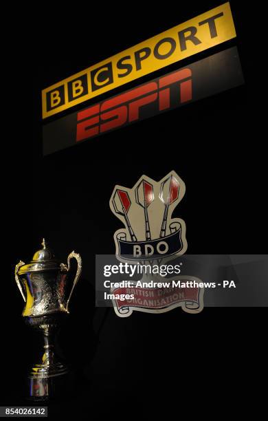 General view of the BDO World Professional Darts Championship trophy at the Lakeside Complex