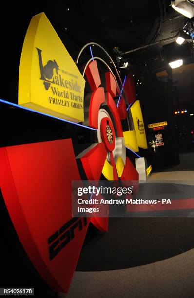 General view of the main stage and dart board for the BDO World Professional Darts Championships at the Lakeside Complex