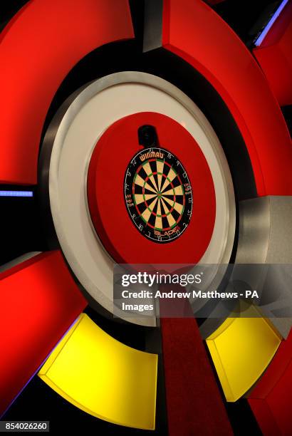 General view of the main dart board for the BDO World Professional Darts Championships at the Lakeside Complex