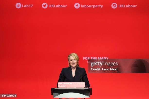 Shadow Secretary of State for Business, Energy and Industrial Stategy Rebecca Long-Bailey address delegates on the third day of the Labour Party...