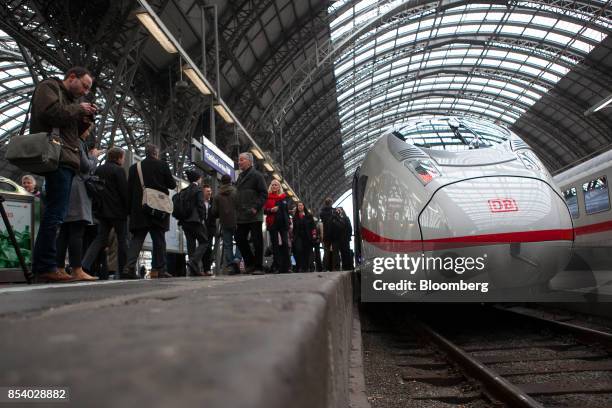 Siemens AG 407 series InterCity Express 3 Velaro-D train, operated by Deutsche Bahn AG, sits on a platform at the central railway station in...