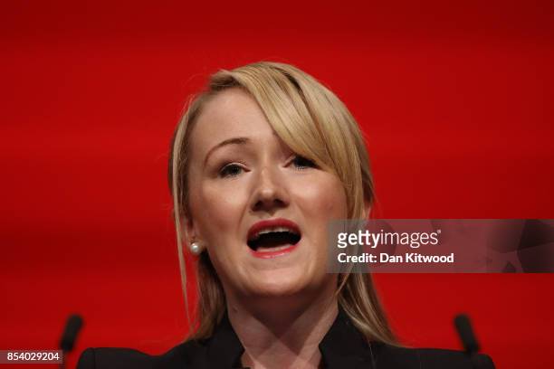 Shadow Secretary of State for Business, Energy and Industrial Strategy Rebecca Long-Bailey's speaks in the main hall, on day three of the annual...