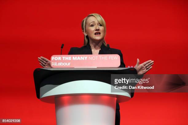 Shadow Secretary of State for Business, Energy and Industrial Strategy Rebecca Long-Bailey's speaks in the main hall, on day three of the annual...