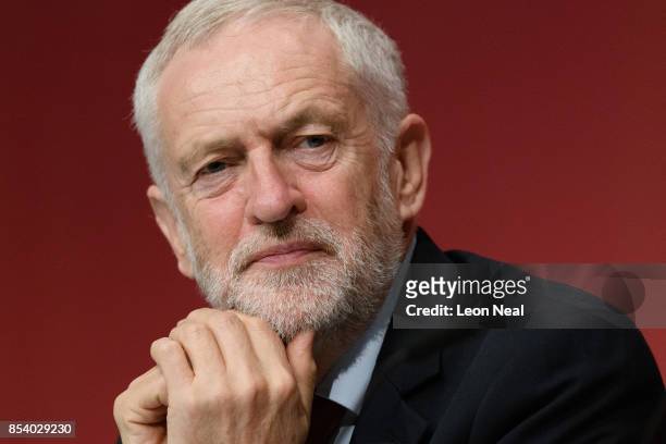 Labour Party leader Jeremy Corbyn listens to speeches on the third day of the Labour Party conference on September 26, 2017 in Brighton, England. The...