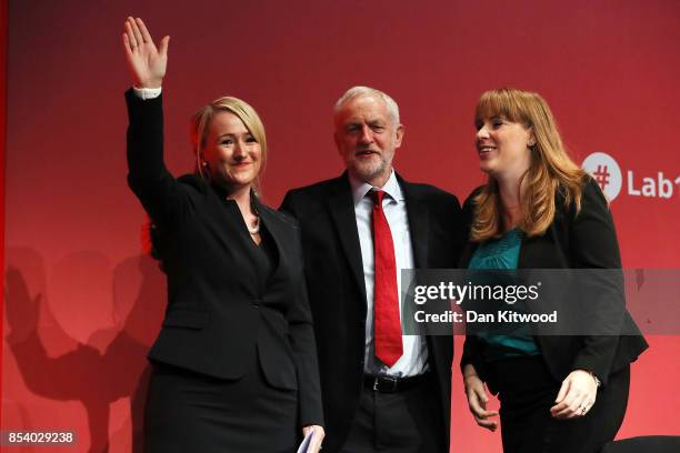 Labour Leader Jeremy Corbyn stands with Shadow Secretary of State for Business, Energy and Industrial Strategy Rebecca Long-Bailey and Shadow...