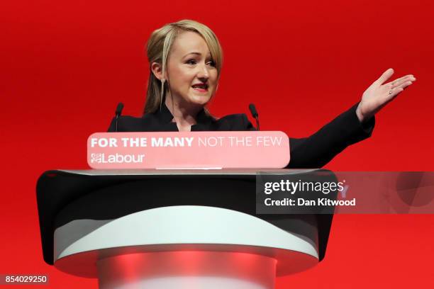 Shadow Secretary of State for Business, Energy and Industrial Strategy Rebecca Long-Bailey's speaks in the main hall, on day three of the annual...