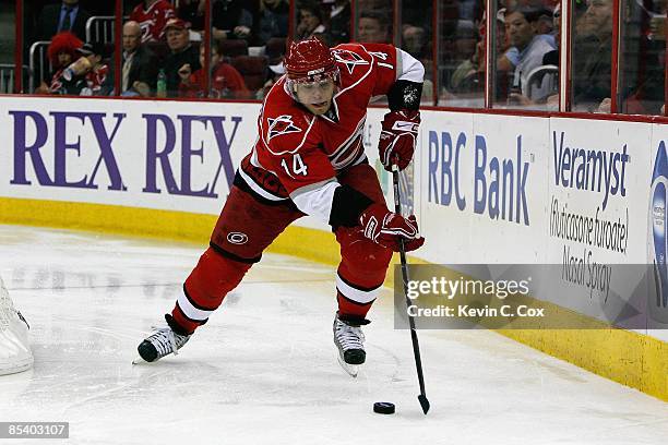 Sergei Samsonov of the Carolina Hurricanes skates with the puck during the game against the Tampa Bay Lightning on February 20, 2009 at RBC Center in...