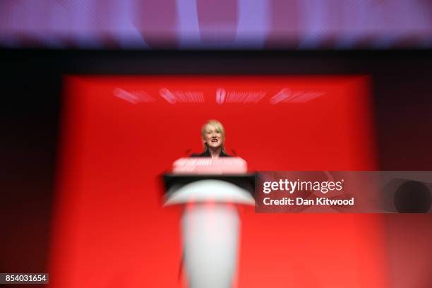 Shadow Secretary of State for Business, Energy and Industrial Strategy Rebecca Long-Bailey's speaks in the main hall, on day three of the annual...