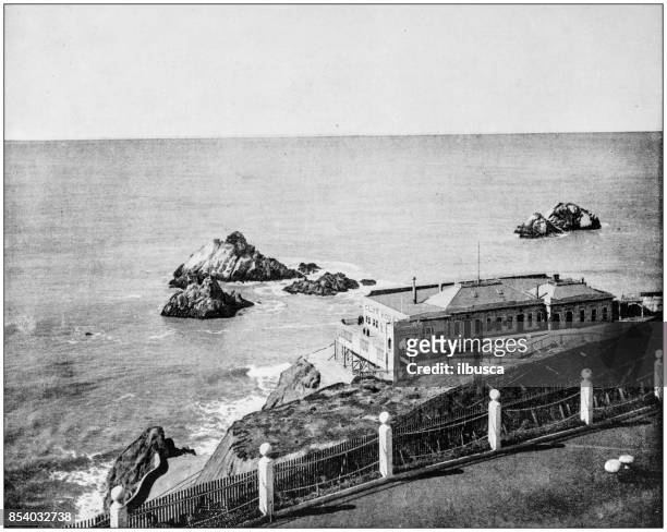antique photograph of world's famous sites: cliff house and seal rocks, golden gate, california, us - cliff house san francisco stock illustrations