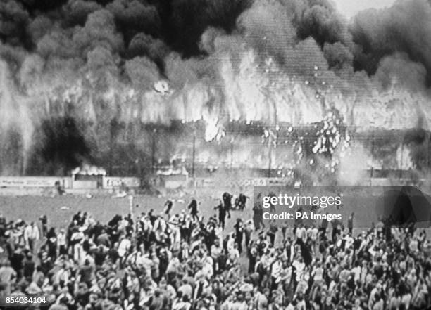 Screen shot from ITN News showing the fire that swept through the main stand at Bradford City's football ground. The club were playing Lincoln City...