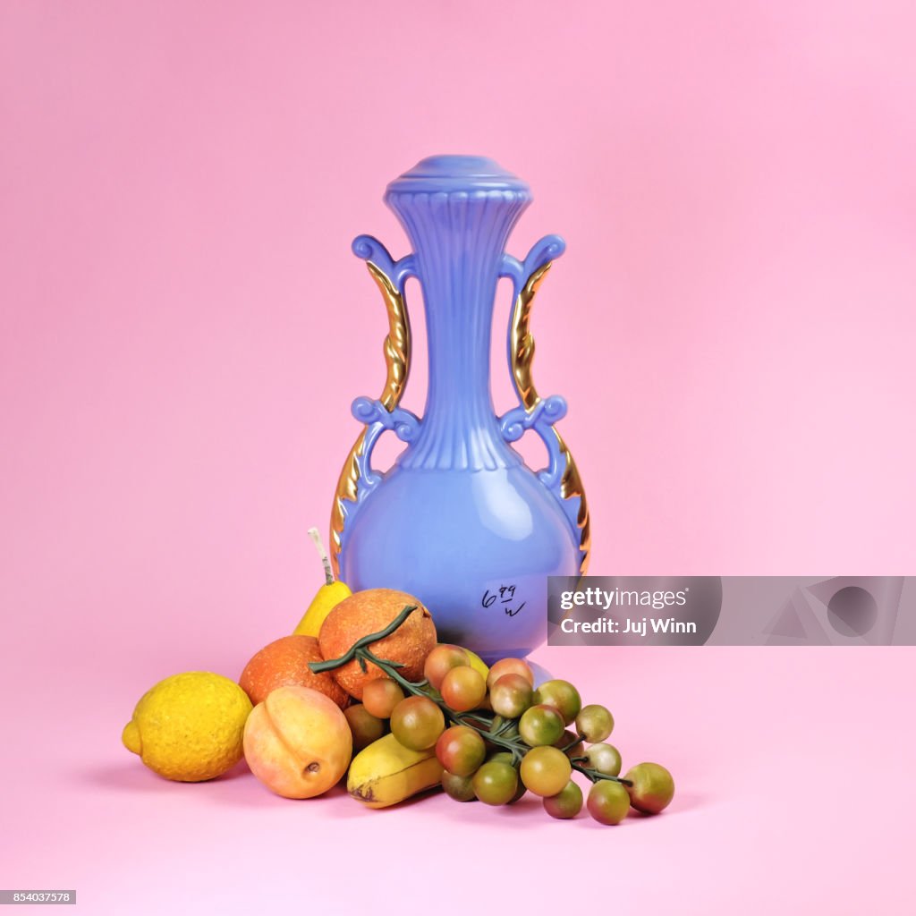 Blue Urn and Thrift Store Fruit