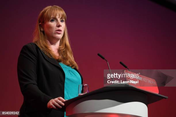 Shadow Secretary of State for Education Angela Raynor addresses delegates on the third day of the Labour Party conference on September 26, 2017 in...