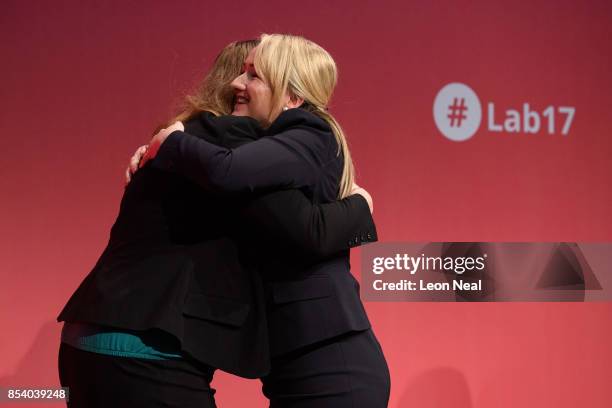 Shadow Secretary of State for Education Angela Raynor is congratulated by Shadow Business Secretary Rebecca Long-Bailey after she addressed delegates...