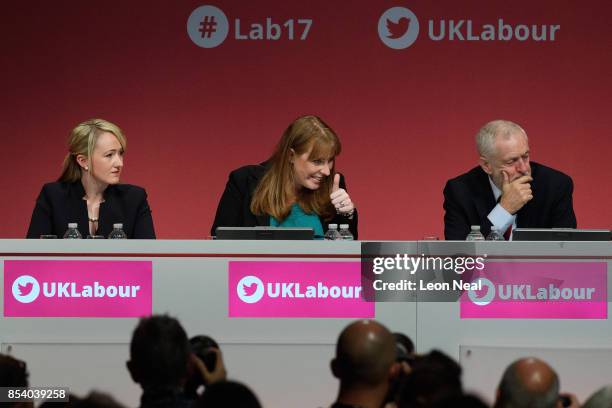 Shadow Secretary of State for Education Angela Raynor gestures to a friend as she sits with Shadow Business Secretary Rebecca Long-Bailey and Labour...