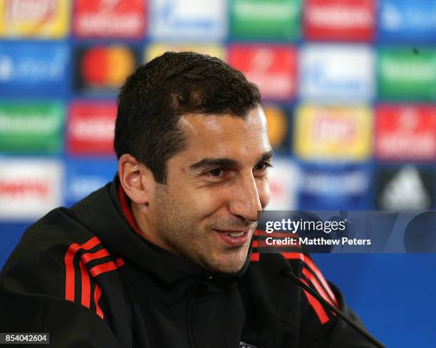 Henrikh Mkhitaryan of Manchester United speaks during a press conference ahead of their UEFA Champions League match against CSKA Moscow at VEB Arena...