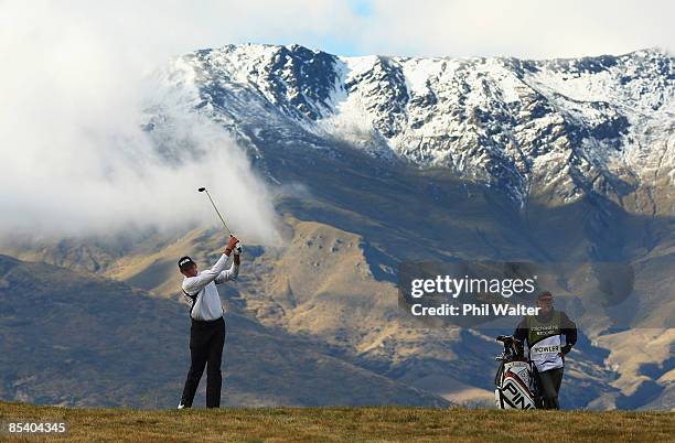 Peter Fowler of Australia plays an approach shot on the 18th hole during day two of the New Zealand Men's Open Championship at The Hills Golf Club on...