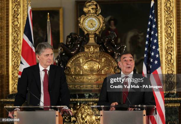 Defence Secretary Philip Hammond with US Secretary of Defence Leon Panetta during a press conference on the hostage crisis in Algeria at Lancaster...