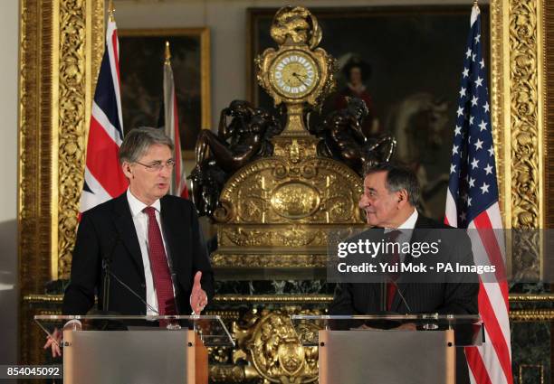 Defence Secretary Philip Hammond with US Secretary of Defence Leon Panetta, during a press conference on the hostage crisis in Algeria at Lancaster...