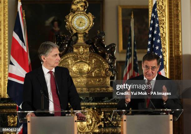 Defence Secretary Philip Hammond with US Secretary of Defence Leon Panetta during a press conference on the hostage crisis in Algeria at Lancaster...